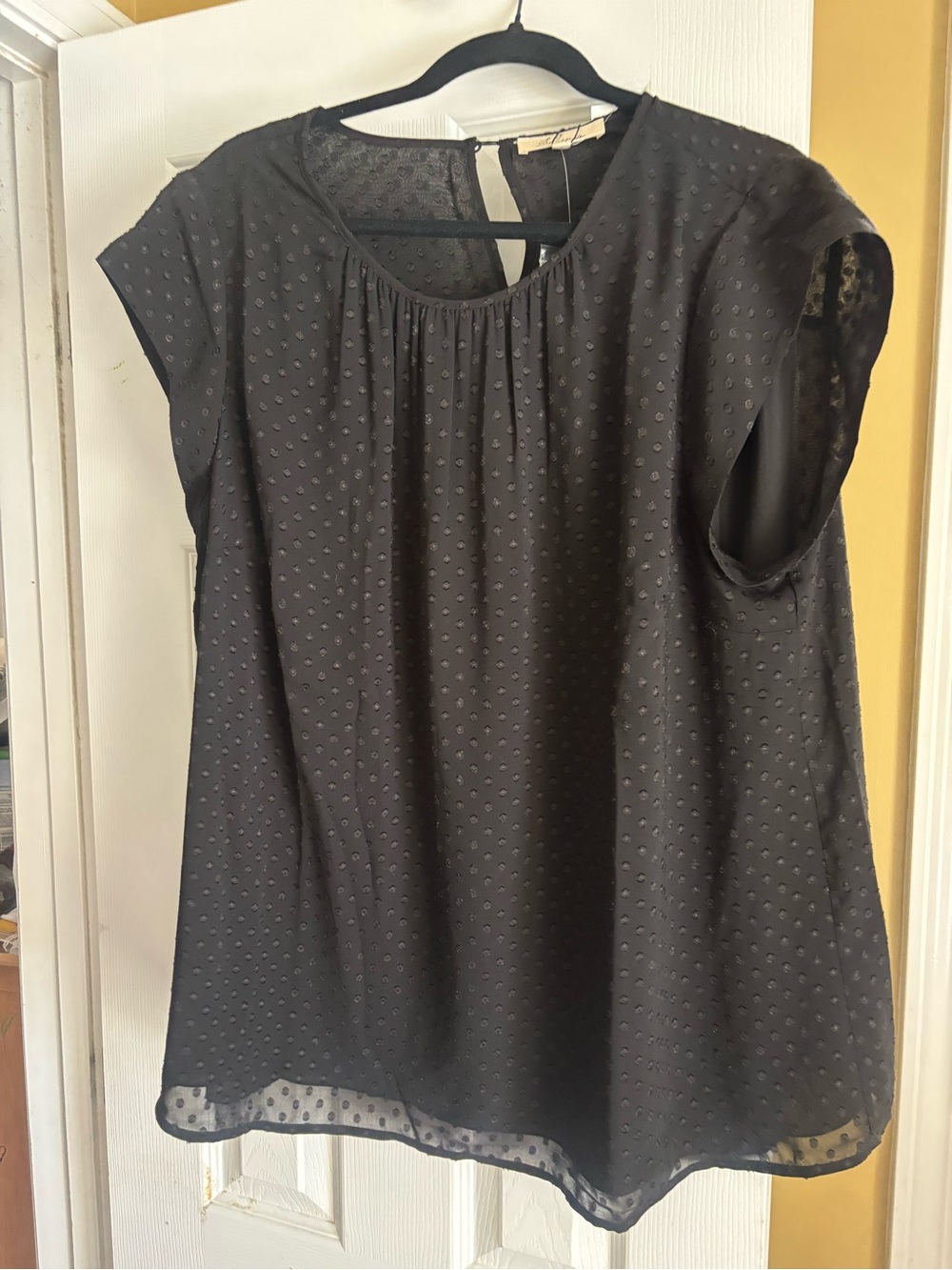 Black Dot-Textured Cap-Sleeve Blouse